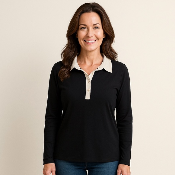 INC International Concepts Black Long Sleeve Top Contrast White Collar Size L - Picture 1 of 7